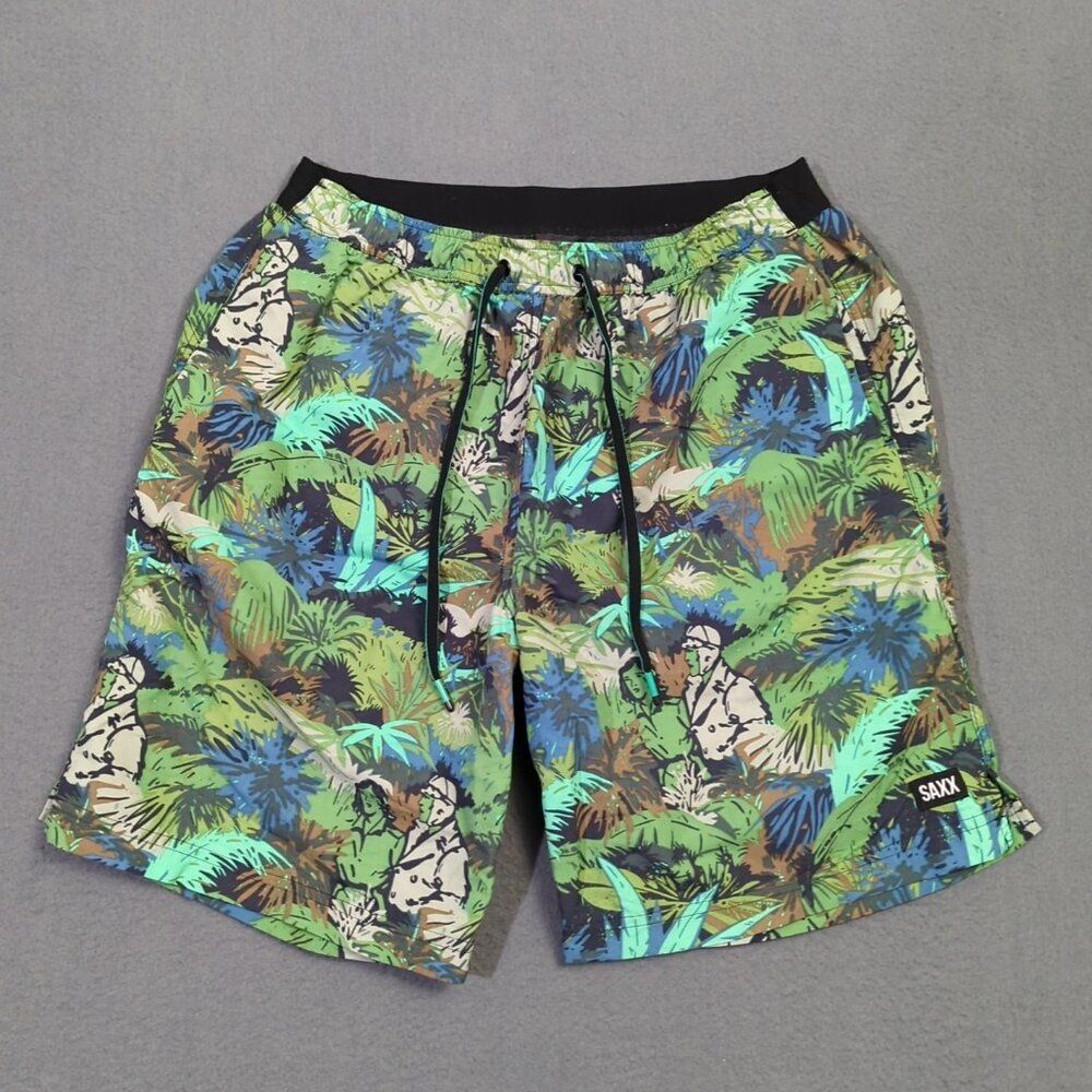 Saxx Shorts Men's M Green Cannonball 2N1 Lined Athletic Drawstrings Leafy Jungle
